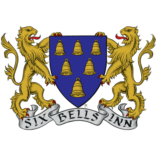 Coat of arms with two lions and six bells inside shield crest. banner text, "Six Bells Inn". Six Bells Inn Pub, Pub Beer Garden, Alcohol, Public House Colerne, Wiltshire
